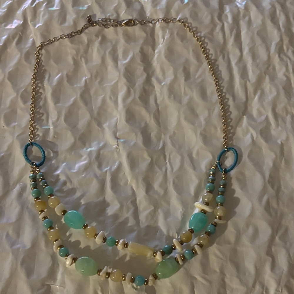 Gold-Tone Multi Bead Necklace with Aqua and Cream Beads